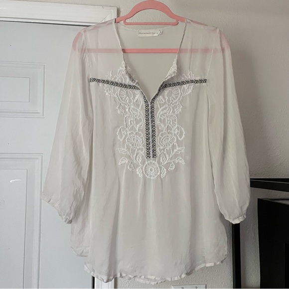 Johnny Was Tops - JOHNNY WAS LOVE‎ AND LIBERTY white silk sheer embroidered long sleeve blouse